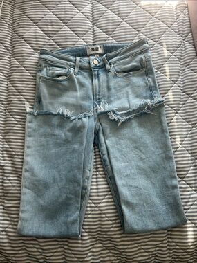 PAIGE Light Blue Frayed Hem Crop Jeans